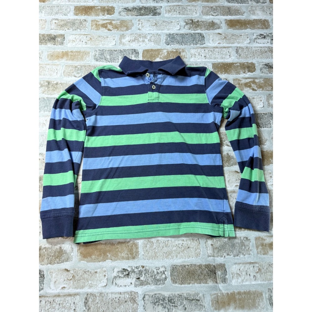 Crown & Ivy Boys Blue Green Striped Long Sleeve Polo Rugby Shirt Size Medium
